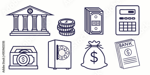 Set of financial and banking icons including bank building, coins, cash, calculator, safe, money bag, and bank statement