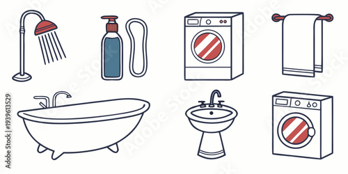 Set of bathroom and laundry room icons including bathtub shower soap washing machine sink and towel