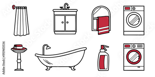 Set of bathroom and laundry room icons including bathtub, sink, shower curtain, towel, and washing machine