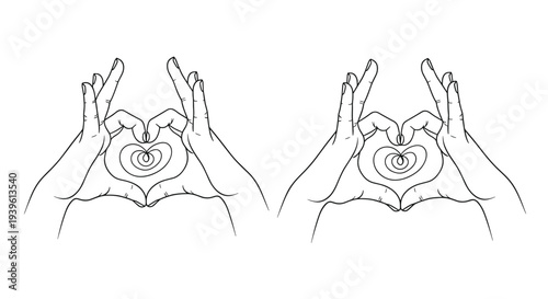 Line drawing of two pairs of human hands joined together to form a heart shape as a gesture of love or care.