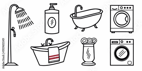 Set of bathroom and laundry room icons, including shower, soap dispenser, bathtub, washing machine, and towel rack, handdrawn doodle style illustration
