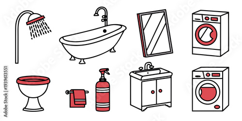Set of bathroom and laundry room icons with shower bathtub mirror washing machine toilet sink towel and soap dispenser