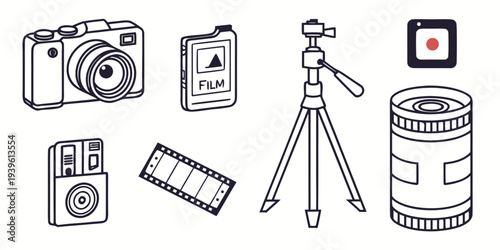 Set of handdrawn photography equipment icons including camera, film roll, tripod, and lens