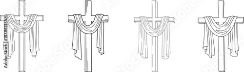 Jesus crucifixion line art collection, various styles, good Friday concept on white background.