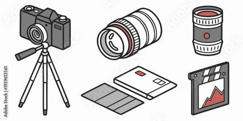 Set of isometric photography and videography equipment icons including camera on tripod, lens, memory card, and clapperboard