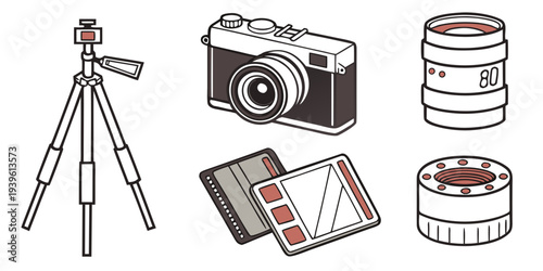 Set of photography equipment icons including camera, tripod, lenses and memory cards