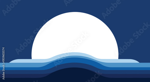 Simple geometric landscape illustration of a large white sun or moon rising above layered blue abstract waves.