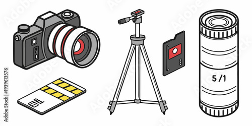 Isometric photography equipment set including camera tripod lens and memory cards