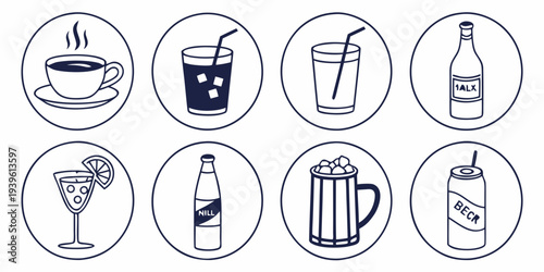 Set of drink icons including coffee, soda, water, beer, cocktails, and beverages in circular frames