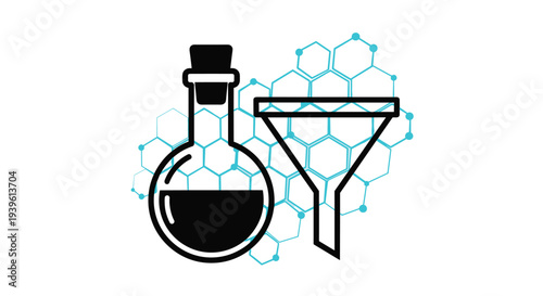 Chemical laboratory icons featuring a round bottom flask and a funnel over a teal hexagonal molecular pattern on a white background.