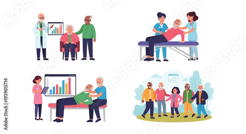 Elderly Care & Senior Health Services. Illustrations of doctors, nurses, and caregivers assisting seniors in consultations, physical therapy, and community activities.