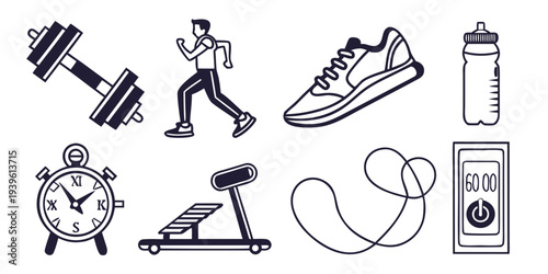 Set of fitness and gym equipment icons including dumbbell, runner, sneaker, water bottle, alarm clock, treadmill, jump rope and timer