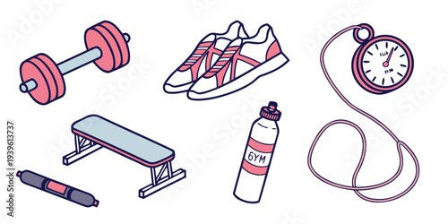 Set of fitness and gym equipment icons including dumbbell, sneakers, stopwatch, bench, water bottle and jump rope