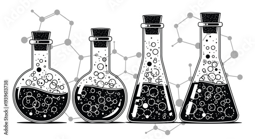 Selection of glass laboratory flasks filled with bubbling solution set against a grey molecular structure background for science.