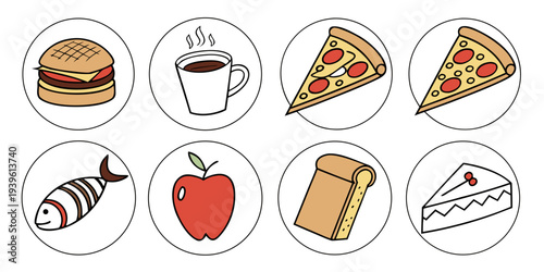Set of hand drawn food icons including burger, coffee, pizza, fish, apple, bread and cake in circular frames