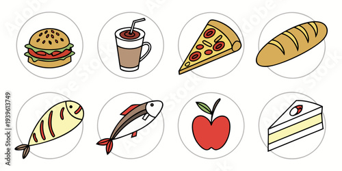 Set of hand drawn food icons including burger pizza bread fish apple and cake