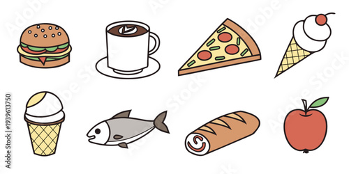 Set of cute handdrawn food icons including burger coffee pizza ice cream fish bread and apple
