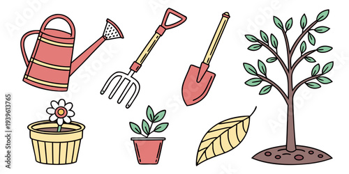 Set of garden tools and plants illustration