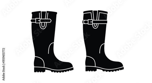 Pair of tall black rubber wellington boots with buckles and thick soles designed for protection in wet and muddy outdoor conditions.