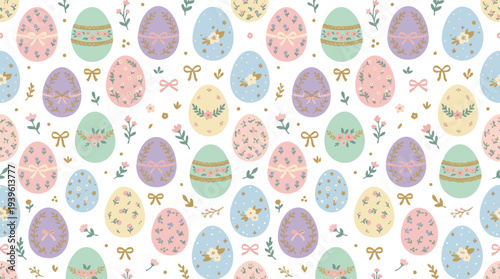 Delicate Pastel Easter Egg Seamless Pattern with Floral Accents and Bows for a Charming Spring Celebration