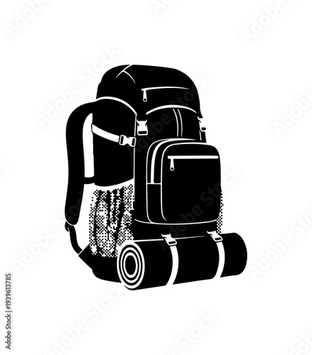 Vector illustration of a black backpack and sleeping bag