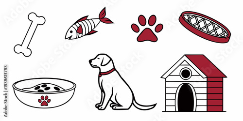 Set of cute pet icons including a dog, bone, fish, paw print, collar, food bowl, and doghouse in a simple line art style with red accents
