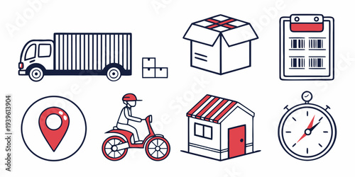 Set of logistics and delivery service icons including truck, package, courier on scooter, store, location pin, and stopwatch in a simple line art style