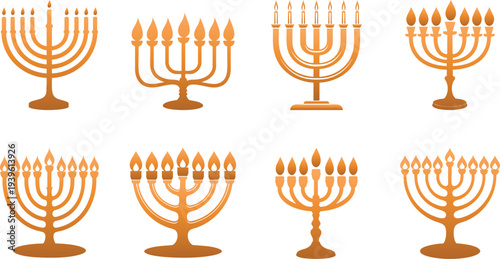 Traditional menorah with seven branches silhouette collection, rounded flame,  Judaism National element on white background.