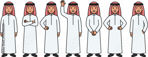 Arab man character set wearing traditional thobe and keffiyeh different poses Middle Eastern people vector illustration cultural clothing