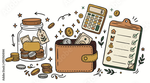 Comprehensive hand-drawn illustration depicting essential personal finance elements like savings, budgeting, and financial planning for effective money management and future prosperity