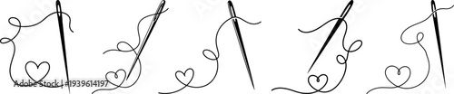 Needle and thread in heart line art illustration collection, themes of craftsmanship, love, or creation for use as a Needle and thread in heart line art illustration collecor icon on white background.