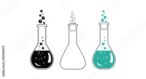 Three chemical flasks featuring solid black white and teal color schemes with rising bubbles for diverse scientific illustrations.