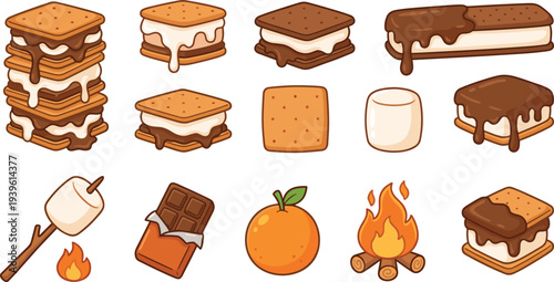 Cute cartoon smores dessert set with marshmallow chocolate graham crackers campfire snacks vector illustration camping food collection sweet treats