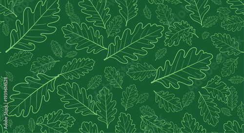 Dense seamless pattern of outlined oak leaves on a dark green background reflecting a lush forest or autumn nature theme.