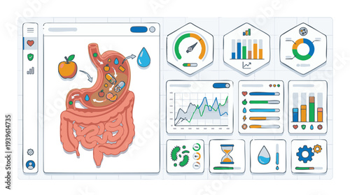 Advanced Digital Dashboard Displaying Human Digestive System Processes and Medical Data Analytics for Gut Health and Wellness Monitoring