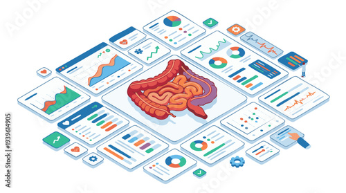 Isometric 3D illustration of human intestines with a medical data analytics dashboard interface, visualizing digestive health insights for modern digital healthcare technology