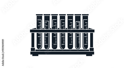 Silhouette illustration of a laboratory test tube rack holding seven tubes with measurement scales, isolated on a white background.