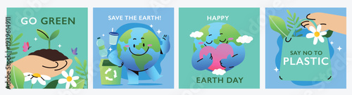 Happy Earth day poster square background set. Save the world cover with people plant trees, globe, recycle bin, heart, eco bag. Ideal for sticker, social media promoting environment day, campaign.