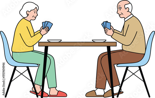 Elderly couple playing cards illustration, senior man and woman sitting at table enjoying game, retirement lifestyle leisure activity