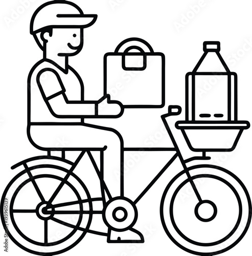 Food delivery man on bicycle with bags and bottle vector illustration outline on transparent background