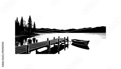 Vector lake dock and boat silhouette illustration