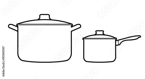 Simple black outline drawings of two kitchen cooking pots of different sizes, one with two handles and one with a long handle on white.