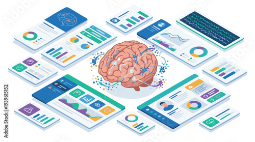 Isometric medical SaaS dashboard with 3D brain model, illustrating data analysis and insights for healthcare innovation and patient care