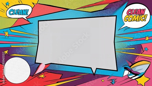Colorful comic book style background with speech bubbles and stars