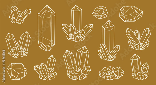 Collection of various crystal and gemstone clusters illustrated with fine white outlines on a solid brown background, isolated set.
