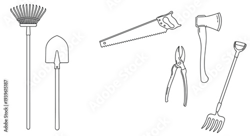 Set of various garden tool icons including a rake, shovel, saw, shears, axe, and pitchfork, shown in simple line art on white background.