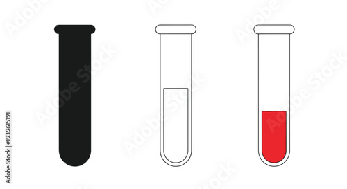 Three versions of a laboratory test tube icon including solid black, outlined with liquid, and outlined with red liquid inside on white.