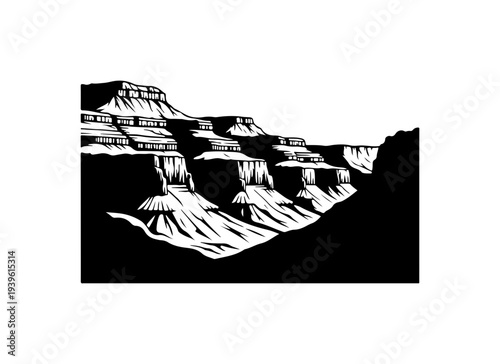 Vector illustration of black and white Grand Canyon landscape