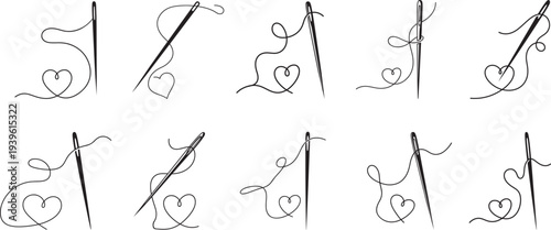 Needle and thread in heart line art illustration collection, themes of craftsmanship Embroidery, craft tool for shop, love, or creation for use as a logo or icon on white background.