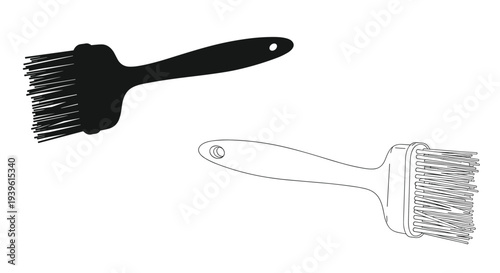 Two versions of a paintbrush icon, one shown as a solid black silhouette and the other as a detailed line drawing on white.